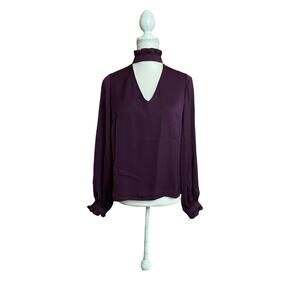 Nanette Lepore Solid Ruffled blouse Satin Smocked Deep V Sz Small Purple
